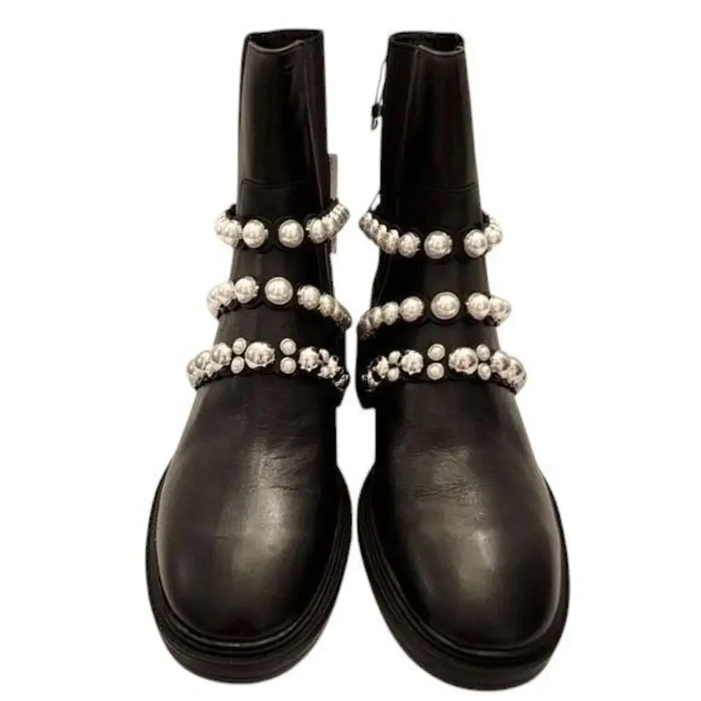 ZARA lug sole FLATFORM LEATHER ANKLE BOOTS WITH FAUX PEARL STRAPS size 39 8 new!